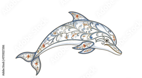 An elegant dolphin adorned with ornate floral patterns on a clean white background