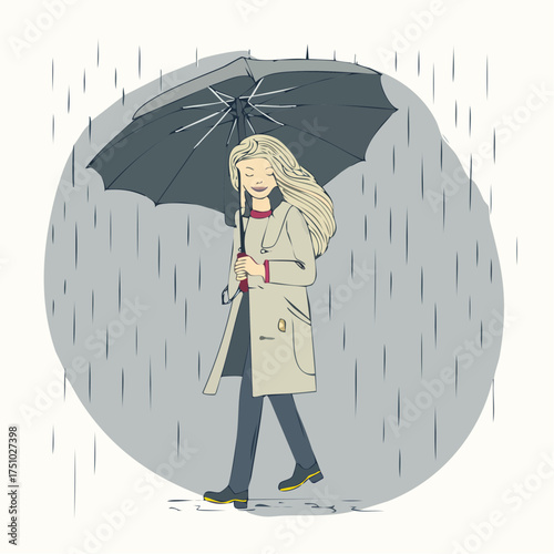 Eine lachende blonde Frau mit langen, leicht welligen Haaren läuft fröhlich durch den Regen und hält einen pinken Regenschirm