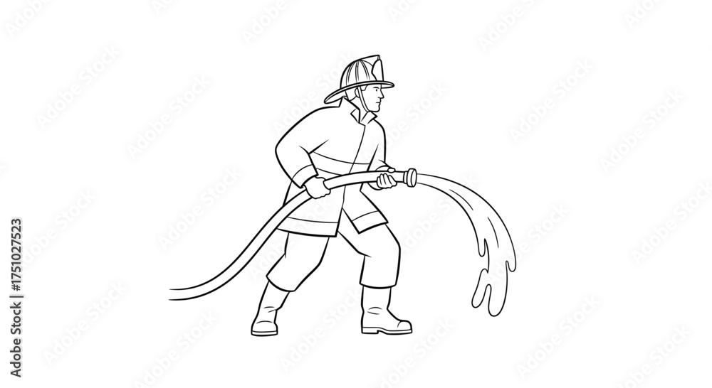 Fototapeta premium Brave firefighter in action silhouette combating flames with powerful hose outline design