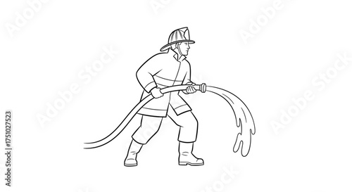 Brave firefighter in action silhouette combating flames with powerful hose outline design