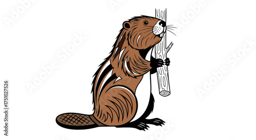 Cartoon beaver with distinctive tail and brown fur holding a small branch tight