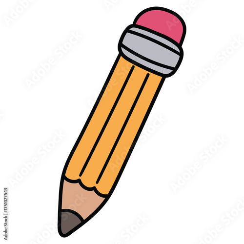 Hand-drawn cartoon yellow pencil with eraser on a white background.