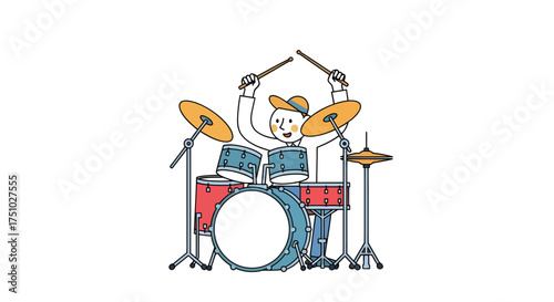 Cartoon drummer enthusiastically playing a drum set with vibrant colors on a plain backdrop