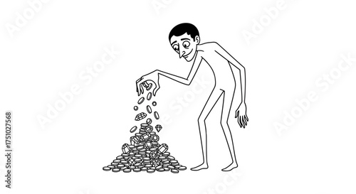 Cartoonish depiction of avarice with a character and a mound of wealth illustrated