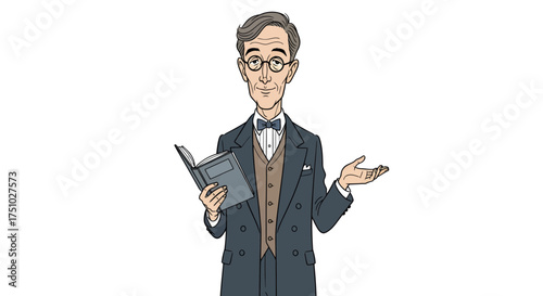 Cartoon illustration of a sophisticated man holding a book and gesturing curiously offering ideas