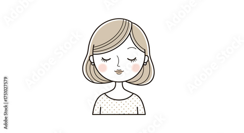 Cartoon female with relaxed posture, soft expression, and simple illustrative style for various