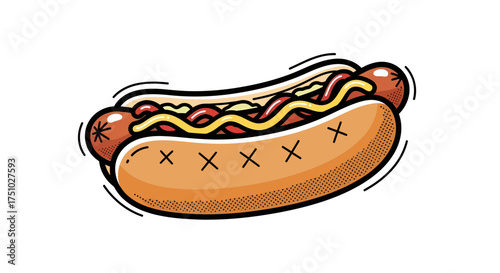 Cartoonish hot dog illustration with mustard ketchup and playful vector art style