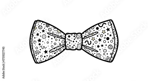 Delicate decorative bow tie with intricate celestial pattern doodle black and white
