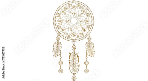 Delicate dreamcatcher illustration with floral embellishments and intricate feather charms design