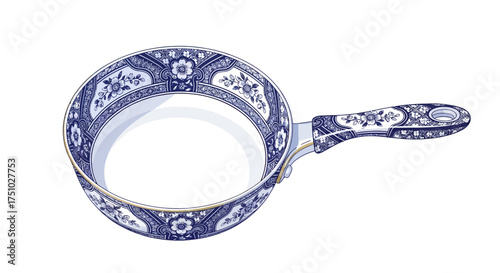 Delicate Delfts Blauw Inspired Frying Pan Illustration with Intricate Floral and Ornamentation