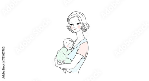 Delicate line art illustration of a nurturing mother cradling her serene sleeping infant child