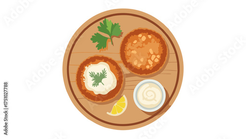 Golden-brown fried cutlets with creamy sauce, lemon, and fresh parsley on a rustic wooden serving board.