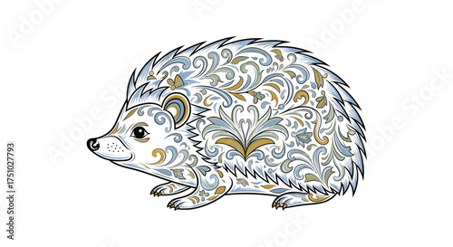 Delicate ornamental hedgehog illustration on a white background featuring elegant swirly