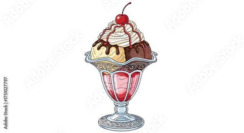Delicious ice cream sundae with whipped cream and a cherry in a vintage glass bowl