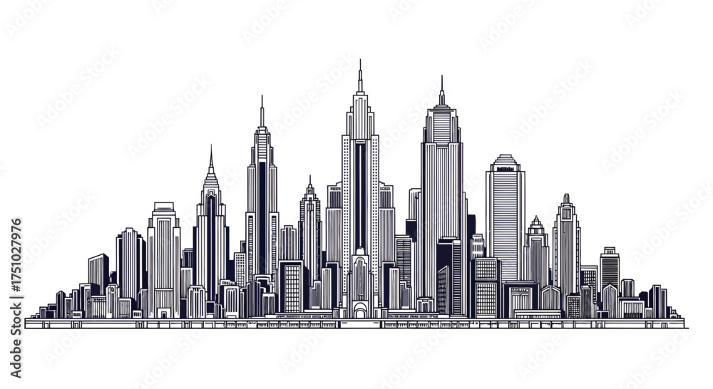 Naklejka premium Detailed monochrome vector illustration showcases a stylized urban skyline, perfect for design or