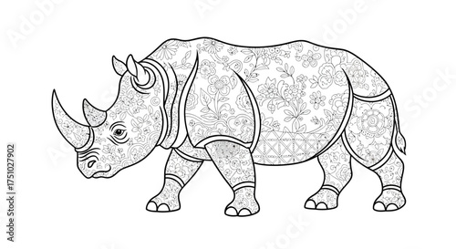 Detailed floral pattern illustration of a rhino creating a captivating design artwork
