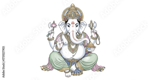 Detailed illustration of Lord Ganesha in serene pose, showcasing hindu cultural heritage, isolated
