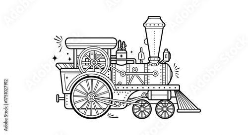 Detailed line art illustration of a vintage steam locomotive on white backdrop
