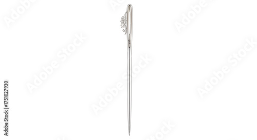 Detailed macro photograph showcases a sewing needle isolated against a stark white background
