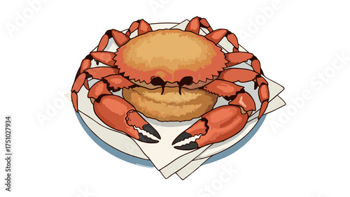 Stylized illustration of a whole cooked orange crab with black-tipped claws served on a plate.