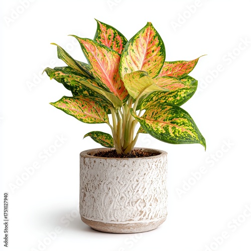 A close-up shot of a Chinese Evergreen plant in a decorative pot, featuring its vibrant, multi-colored leaves. The plant showcases an array of colors, including greens, pinks, and yellows.