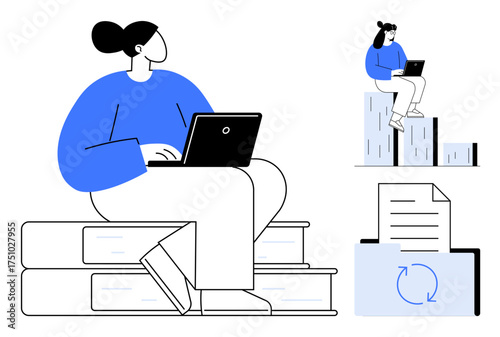 Woman working on a laptop sitting on stacked books, second figure on graph bars with documents and circular arrows. Ideal for education, data analysis, remote work, growth, multitasking, learning
