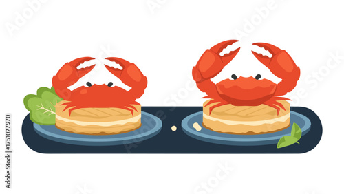 Two cartoon red crabs with raised claws on round buns, served on blue plates.