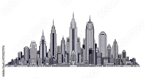 Detailed monochrome vector illustration showcases a stylized urban skyline, perfect for design or
