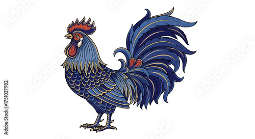 Detailed rooster illustration with ornate blue plumage and red comb on a white background