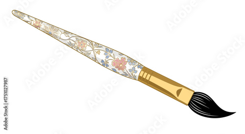 Detailed painting brush illustration with floral pattern and golden ferrule design for art