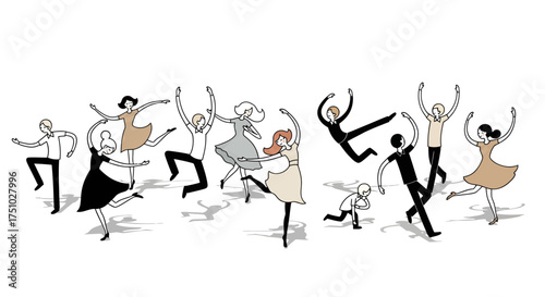 Diverse joyful group elegantly dances celebration with varied styles and boundless energy