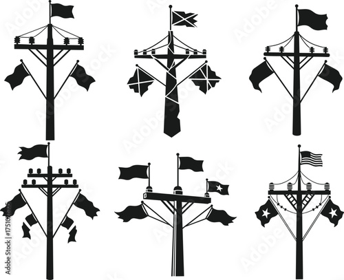 Utility poles with flags silhouette, decorative electric power lines, patriotic energy infrastructure, 