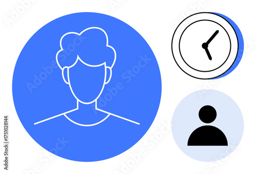 Stylized user icon, profile outline in blue circle, clock for time emphasis, small user avatar. Ideal for time management, personal profiles, teamwork, scheduling, productivity efficiency simple