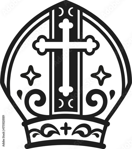 Bold Black and White Bishop Mitre Vector – Minimalist Christian Cross Crest with Ornamental Details