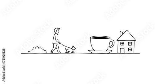 Simplistic Line Art Depicting a Man Walking a Dog Past Coffee and a House Illustration