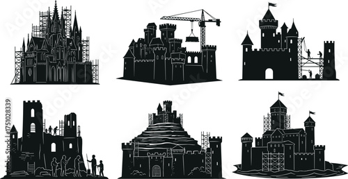 Castle construction silhouettes, fortress building stages, medieval architecture, scaffolding and cranes, workers restoring towers, black vector illustrations, historical design elements