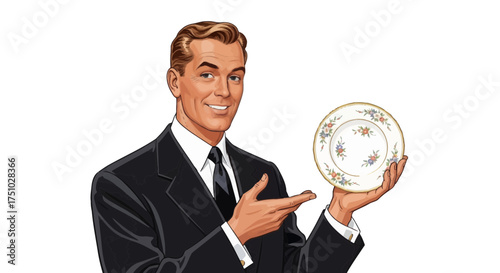 Smiling businessman presents delicate floral patterned plate with confident gesture