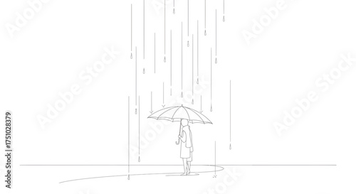 Solitary contemplation under rain, person seeking shelter beneath umbrella drawing illustration