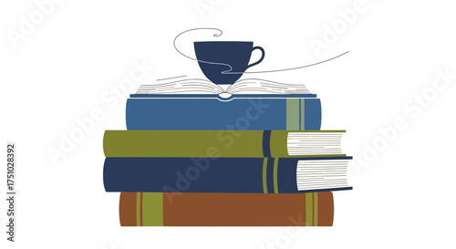 Stacked books with inviting open book and coffee cup above, offering warmth of knowledge