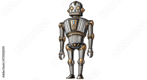 Steampunk styled illustration of an antique robot with metallic details and futuristic design