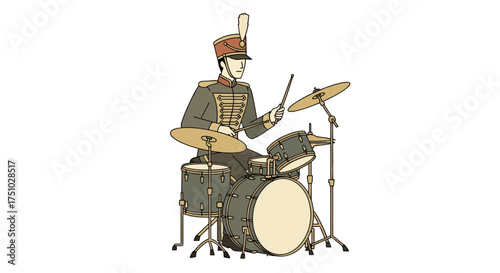 Stylized drummer illustration, a musician with drum kit and formal military-like suit in action,