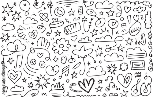 Dense Arrangement of Hand Drawn Doodle Elements Including Stars Clouds Hearts Music Notes and Abstract Shapes Keywords: doodle, drawing, sketch, hand drawn, illustration, star, cloud, heart, music