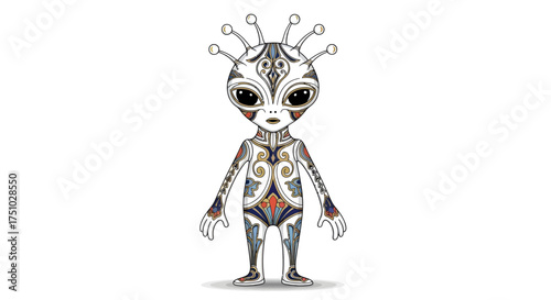 Stylized extraterrestrial figure with decorative floral patterning, standing isolated