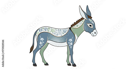 Stylized floral decorated donkey stands proudly on a white background offering charm and whimsy