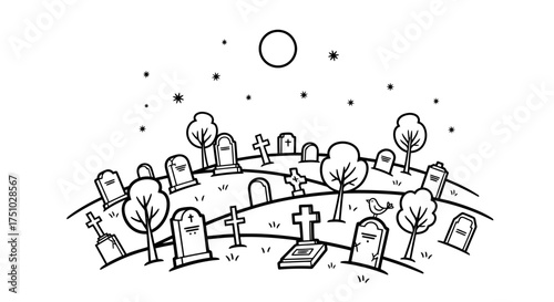 Stylized graveyard scene under starry night with tombstones and minimalist tree art