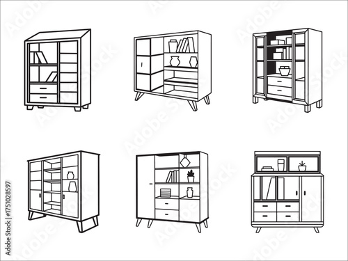 Collection of various cabinet line art vector designs and illustrations