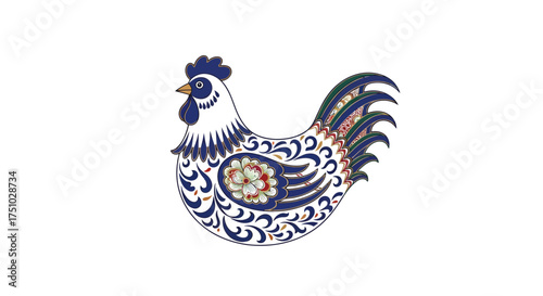 Stylized rooster illustration with decorative blue patterns and floral accents artwork