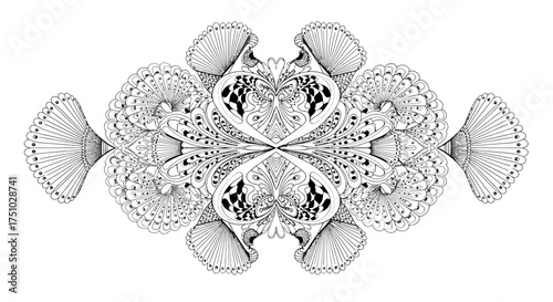 Symmetrical Abstract Pattern with Elaborate Details and Hand-Drawn Appearance on White