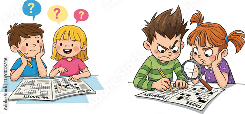 Children solving crossword puzzles, cartoon logic activity, teamwork and focus, emotional reactions, educational play, creative thinking, indoor scene, puzzle challenge