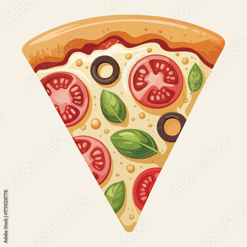 Delicious Pizza Slice with Tomato, Basil, and Olives – Tasty Italian Food Illustration